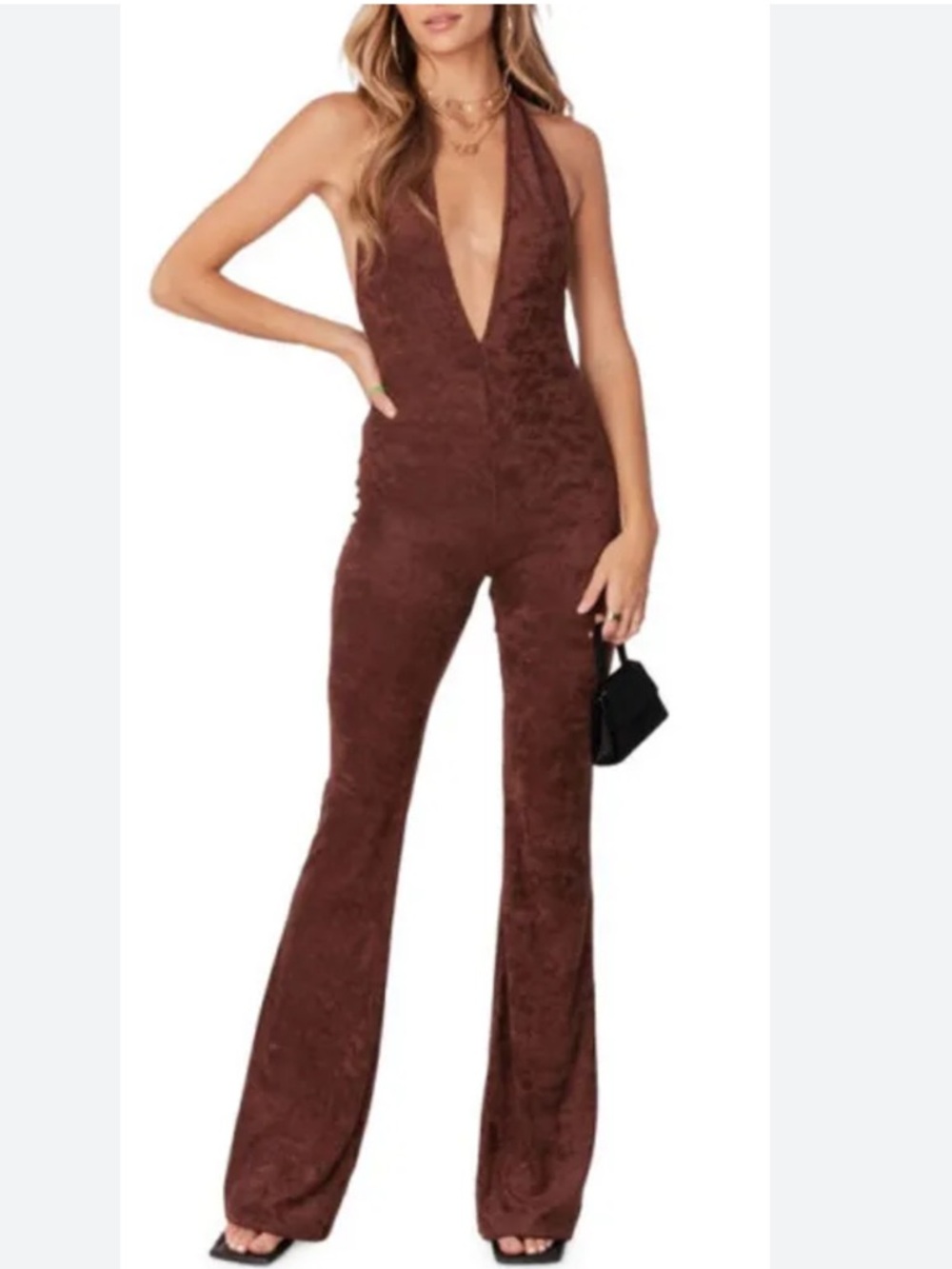 EDIKTED Terri Open Back Terry Cloth Jumpsuit in Brown